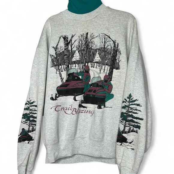 Vintage 90s Snowmobile Sweatshirt Trail Blazing Graphic Winter Ski Crewneck - Picture 1 of 8